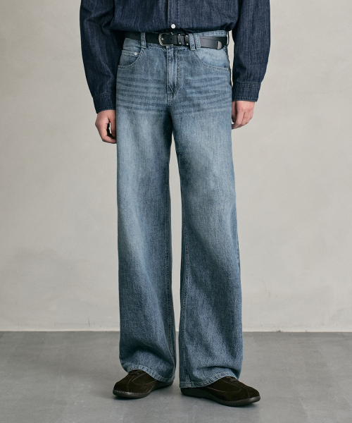 Linen Like Mid Rise Wide Jeans DCPT039MidBlueB