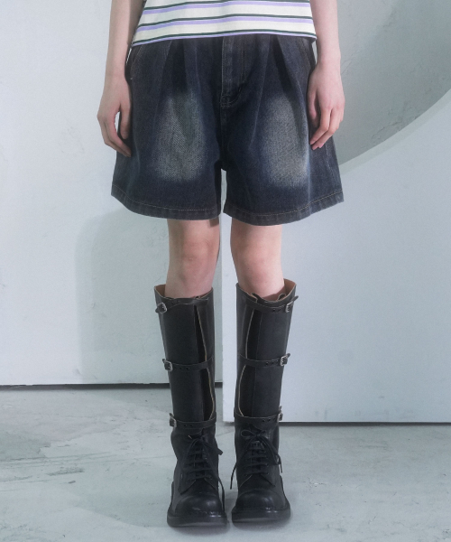 Double Wrinkle Denim Shorts DEEP BLUE