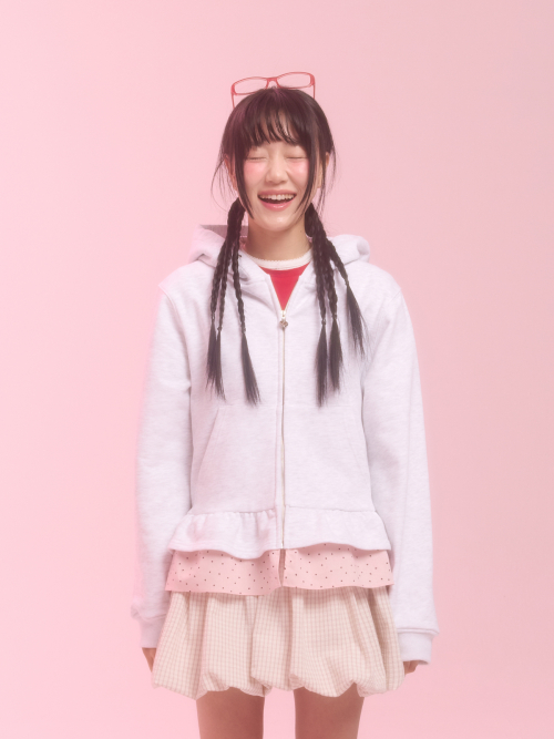 layerd ruffle hoodie_white melange