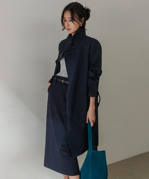 Тренч из габардина с высоким горлом (Dark Navy)