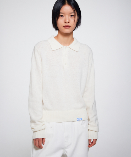 WOMEN WOOL BLEND POLO SWEATER - WHITE