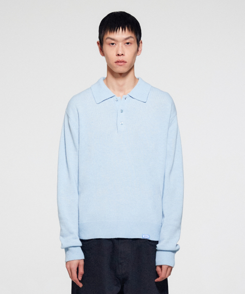 MEN WOOL BLEND POLO SWEATER - LIGHT BLUE