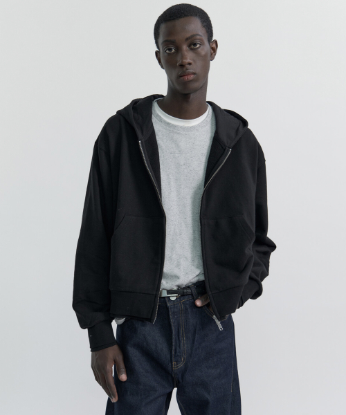 DOUBLE-RIB CROP HOODIE JACKET - BLACK
