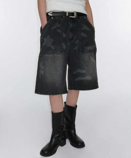 Damaged Bermuda Denim Pants - Black