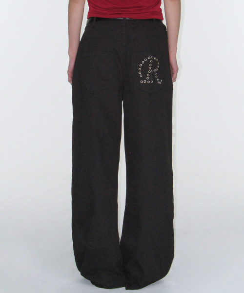 Eyelet R Pocket Curved Pants - Black