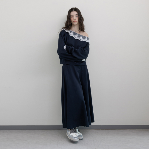 AR_Off shoulder lace sweatshirt and skirt set_NAVY