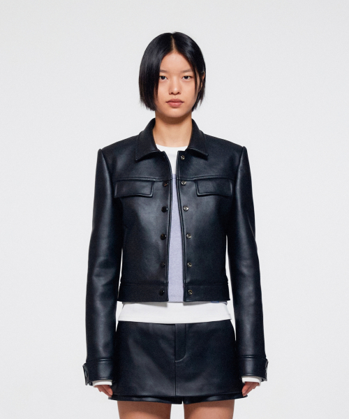 WOMEN CROPPED TRUCKER FAUX LEATHER JACKET - BLACK