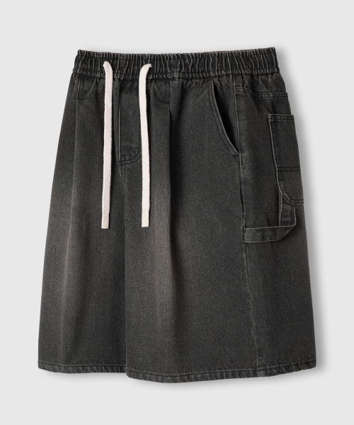 BERMUDA WIDE ONE-TUCK CARPENTER WASHED DENIM BANDING SHORTS_3COLOR