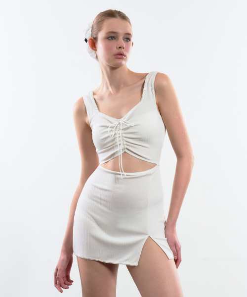 Shirring Cut-out One-piece Coverup (White)