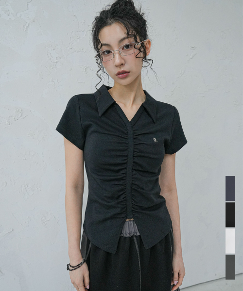 V Shirring Collar Tee - 4COL