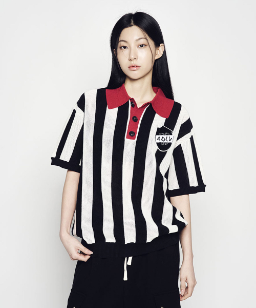 COLLAR POINT STRIPE SHORT SLEEVE KNIT (3COLOR)