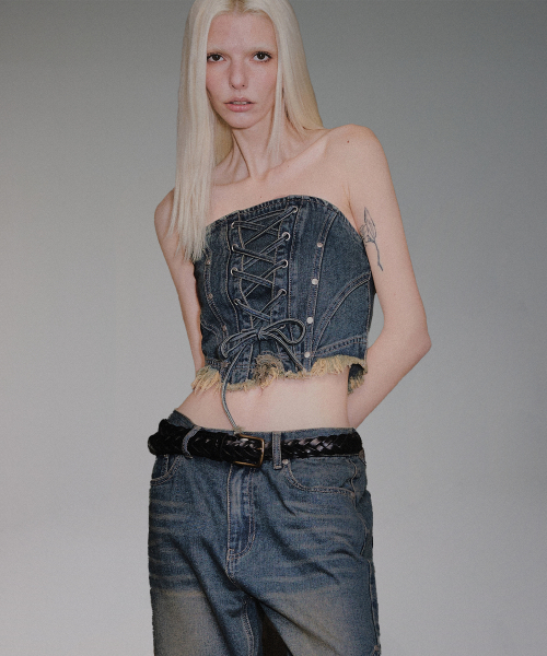 W Eyelet Vintage Denim Corset - Deep Blue