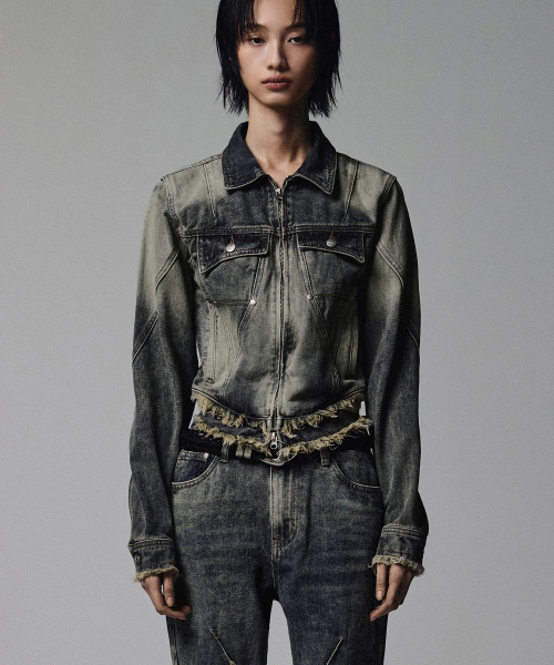 W Cut Off Incision Vintage Denim Jacket - Deep Blue