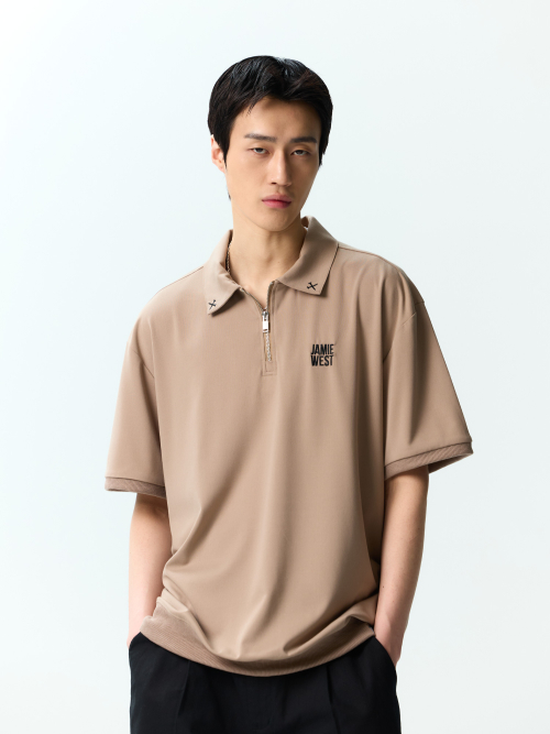 Футболка на молнии с контрастным воротником (Beige)