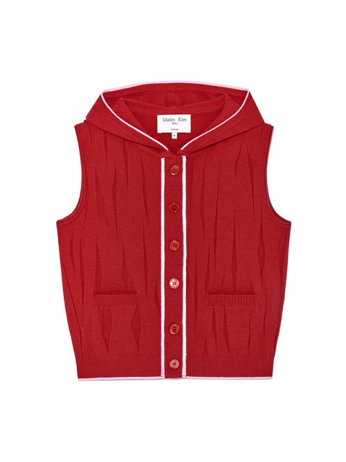 WRINKLE HOODY BUTTON KNIT VEST IN RED