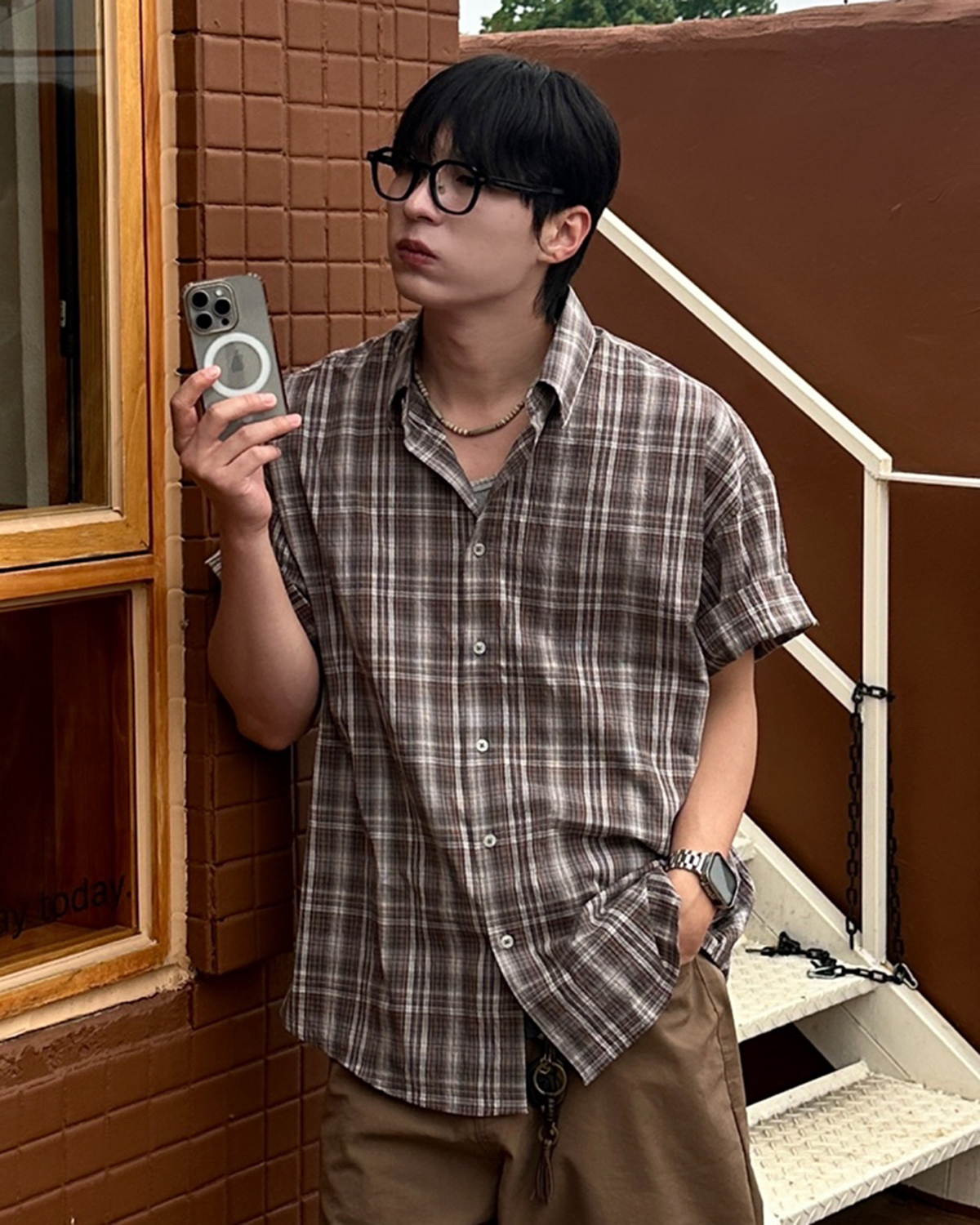 Wrinkle Seersucker Check Short Sleeve Shirt [Khaki]