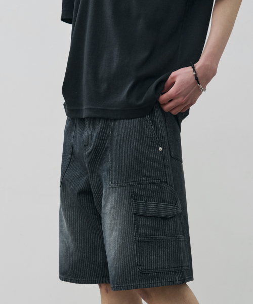 Reverse Carpenter Bermuda Stripe Denim Pants [Black]