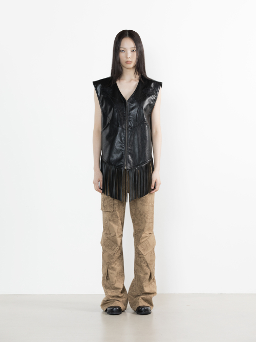 EMBROIDERED FAUX LEATHER FRINGE VEST