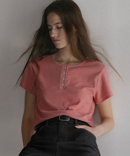 Henley neck ribbed T-shirt KNSS03TS15_Pink