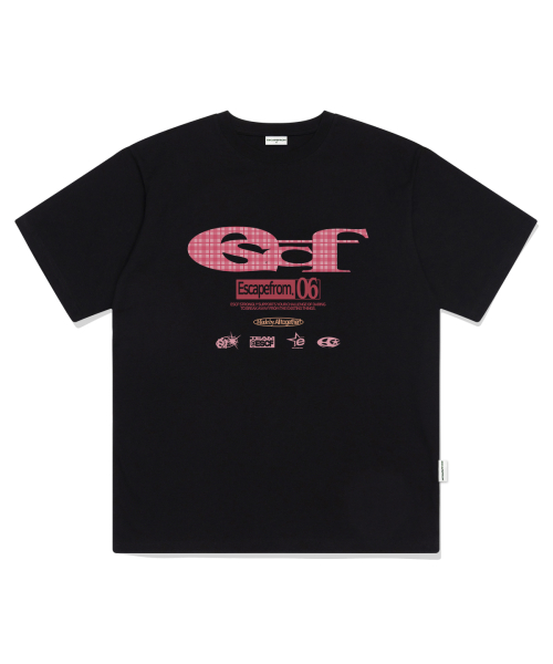 이스케이프프롬(ESCAPEFROM) 핑크 체크 ESCF 로고 콜라주 프린트 오버핏 반팔티 블랙 - 사이즈 & 후기 | 무신사