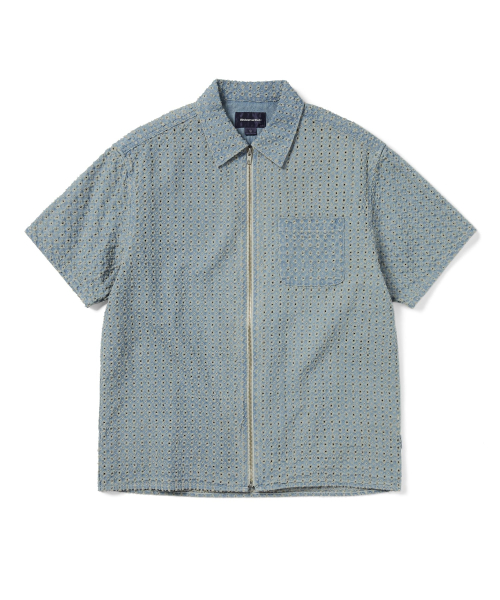 Damaged Denim Zip S/S Shirt Washed Blue