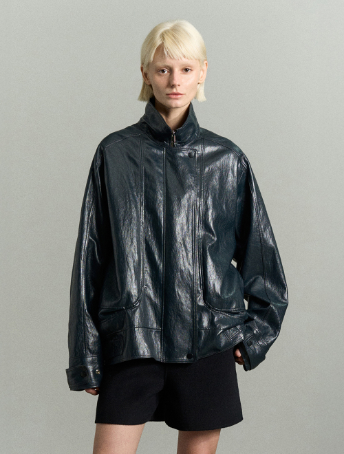 FUNNEL NECK VEGAN LEATHER JACKET MIDNIGHT NAVY