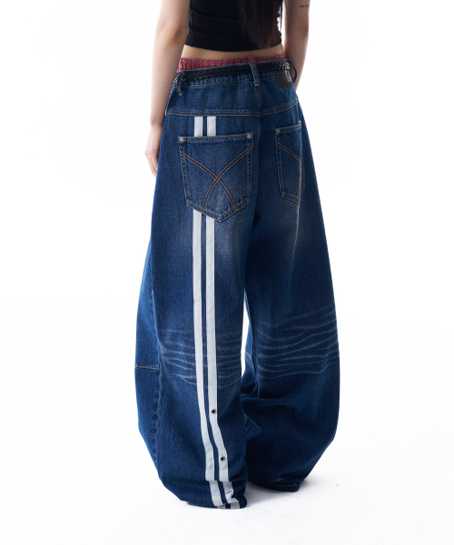 MUSINSA | AAKAM 2-Lined Eyelet Washed Denim Pants (Blue)