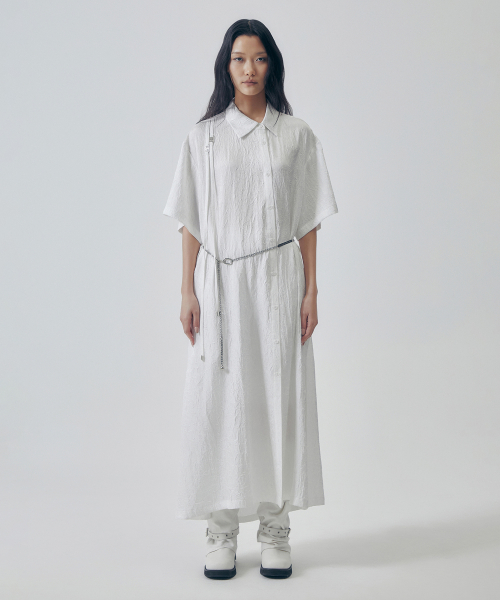 트리밍버드 Double Strap Asymmetrical Collar Long Shirt [ White ]