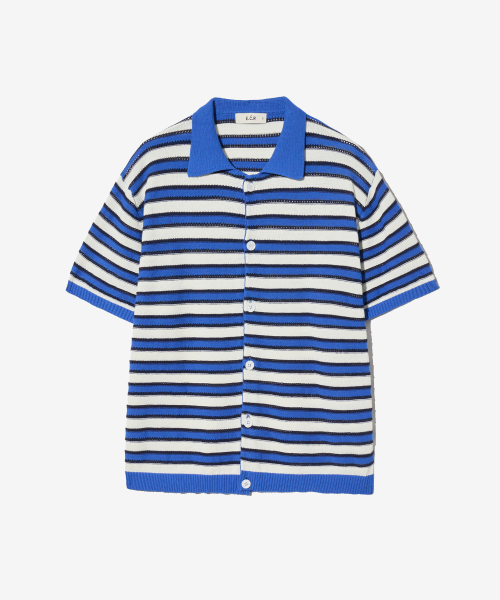 Striped воротник короткий рукав Cardigan_Blue