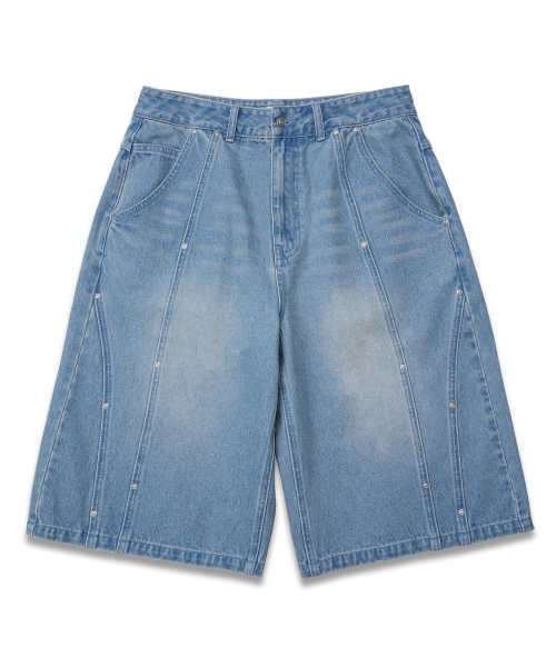 [Unisex] Джинсовые бермуды с заклепками Light Indigo