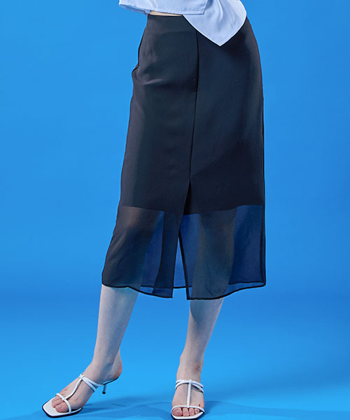 콜릿() 시스루 쉬폰 트임 쿨링 레이어드 롱스커트 [BLACK] 상품 이미지