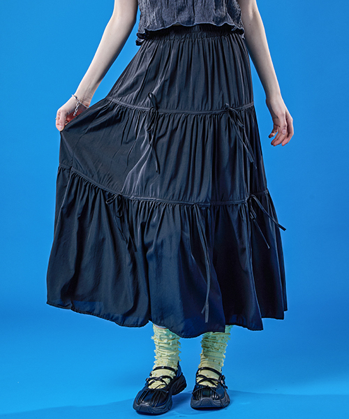 콜릿() 쿨링 냉장고 밴딩 리본 마몽 주름 플레어 롱스커트 [BLACK] 롱치마 KCL. 상품 이미지