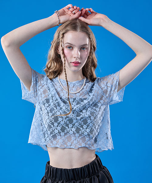 콜릿() 레이어드 플라워 시스루 크롭 반팔티 [BLUE] 상품 이미지