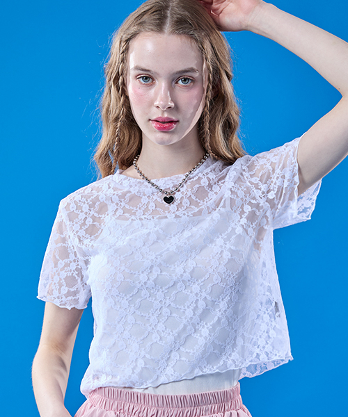 콜릿() 레이어드 플라워 시스루 크롭 반팔티 [WHITE] 상품 이미지