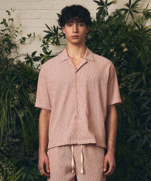Wrinkle stripe Open Collar half shirts red