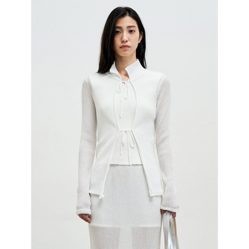 Textured Knit Tie Cardigan White