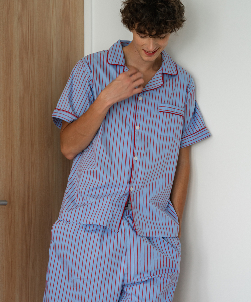 (m)Standard Bean Striped Pajamas Short Sleeve Set Red Blue
