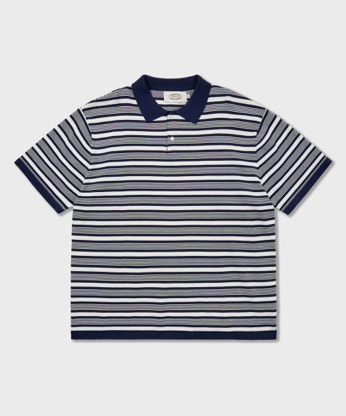 70s Multi Stripe Cotton Knit Polo Shirts Navy