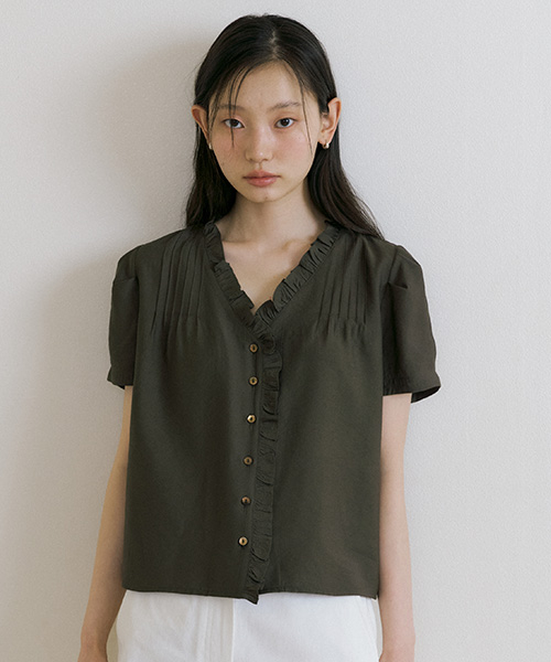 pintuck frill blouse-khaki brown