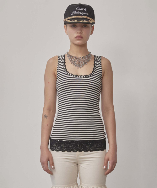 Lace Trimming Tank Top Ivory (black)