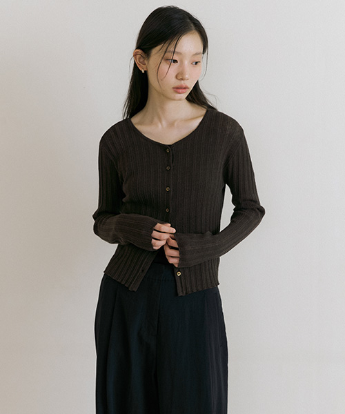 linen blended ribbed knit cardigan-brown