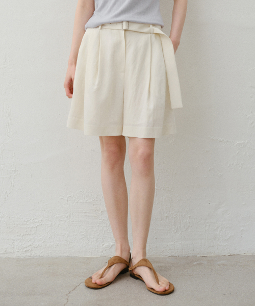 Belted linen half pants