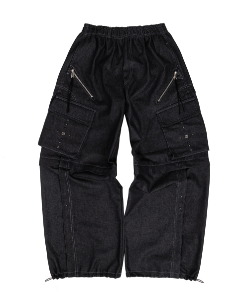 RIVET CARGO CONVERTIBLE DENIM PANTS - BLACK