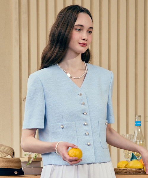 V-neck Tweed половина Sleeve куртка - синяя