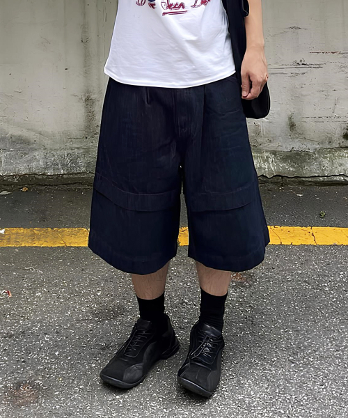 Knee Cut Layered Denim shorts_Indigo