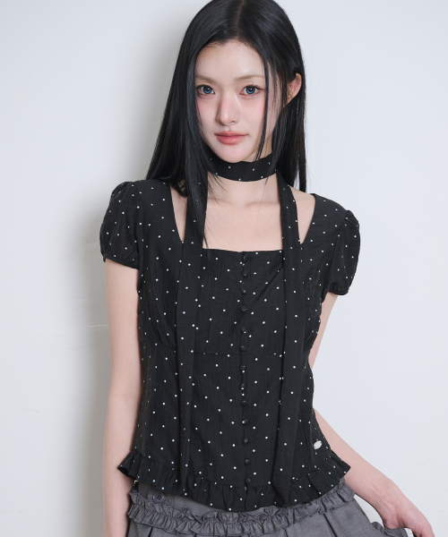 Ribbon Tie Square Neck Blouse Black Dot