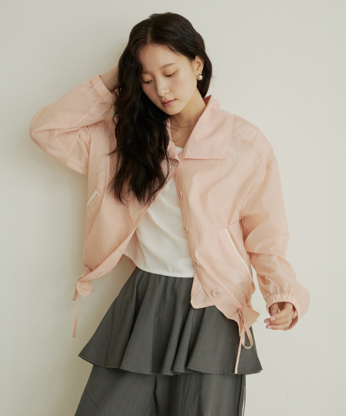 Lace back label ribbon string summer blouson - peach