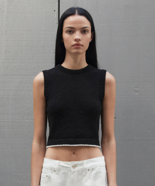 WOMEN COLOR EDGED SLIM KNIT TANK TOP - BLACK