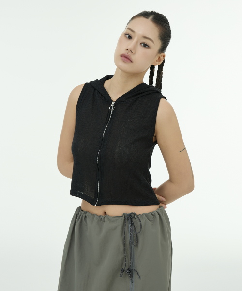 Linen Knit Hood Vest - Black