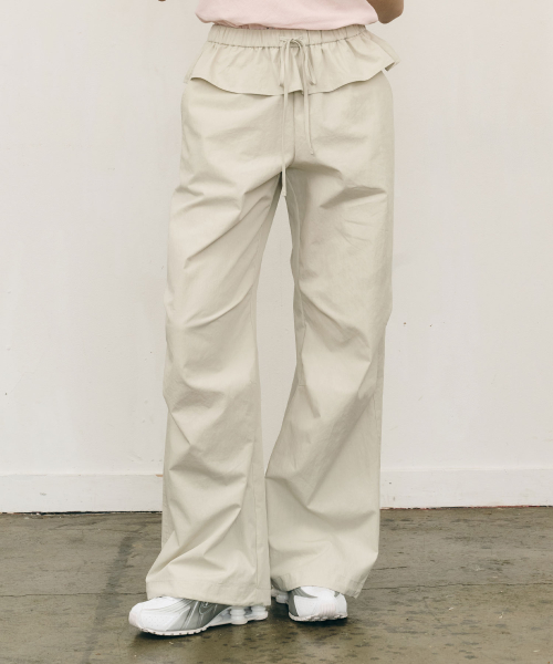 Frill Edge Nylon Pants in Beige